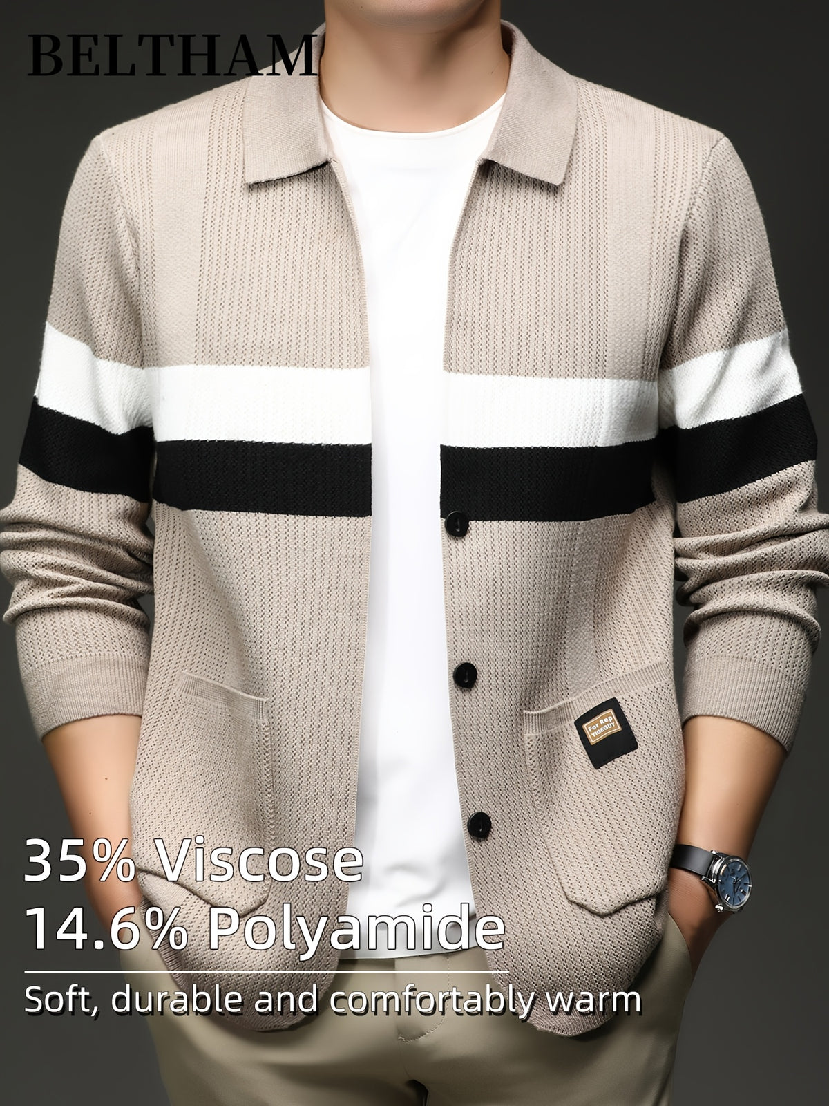 New Autumn Winter Men'S Striped Knit Cardigan, Ideal Gift for Dad And Husband, Lapel Collar Button Design, Soft Comfortable Knit Sweater, Minimal Elegant Versatile Top Cardigan Coat for Daily Outing Business Casual Camping Wear - Camel