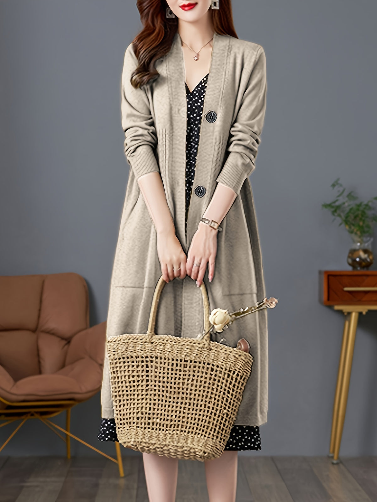 Spring And Autumn 2024 New Women'S Cardigan, a Stylish And Elegant Long Sweater Coat, Loose And Trendy Outerwear - Khaki