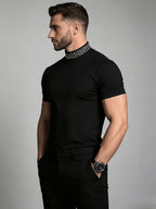 Rhinestone Embellished Mock Neck Short Sleeve T-Shirt - Black