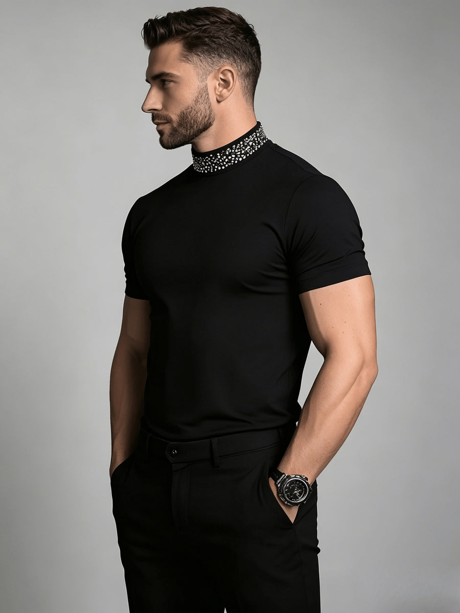 Rhinestone Embellished Mock Neck Short Sleeve T-Shirt - Black