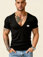 Men's Summer Vertical Stripe Deep V-Neck Short Sleeve T-Shirt, Stretchy Slim Fit Trendy Small Label Inner Layer Casual Top - Black 2