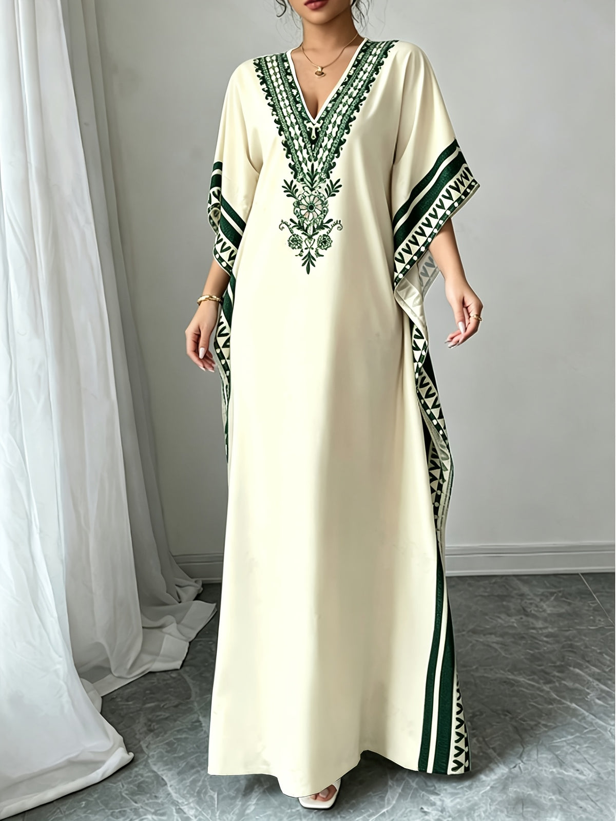 Elegant Middle Eastern Style V-Neck Batwing Sleeve Turkish Robe Dress - Long Loose Side Slit Design, Machine Washable for Spring Summer Fall Casual And Formal Wear, Tassel Fabric Soft And Breathable, Bohemian Vacation Style - Ocean Green