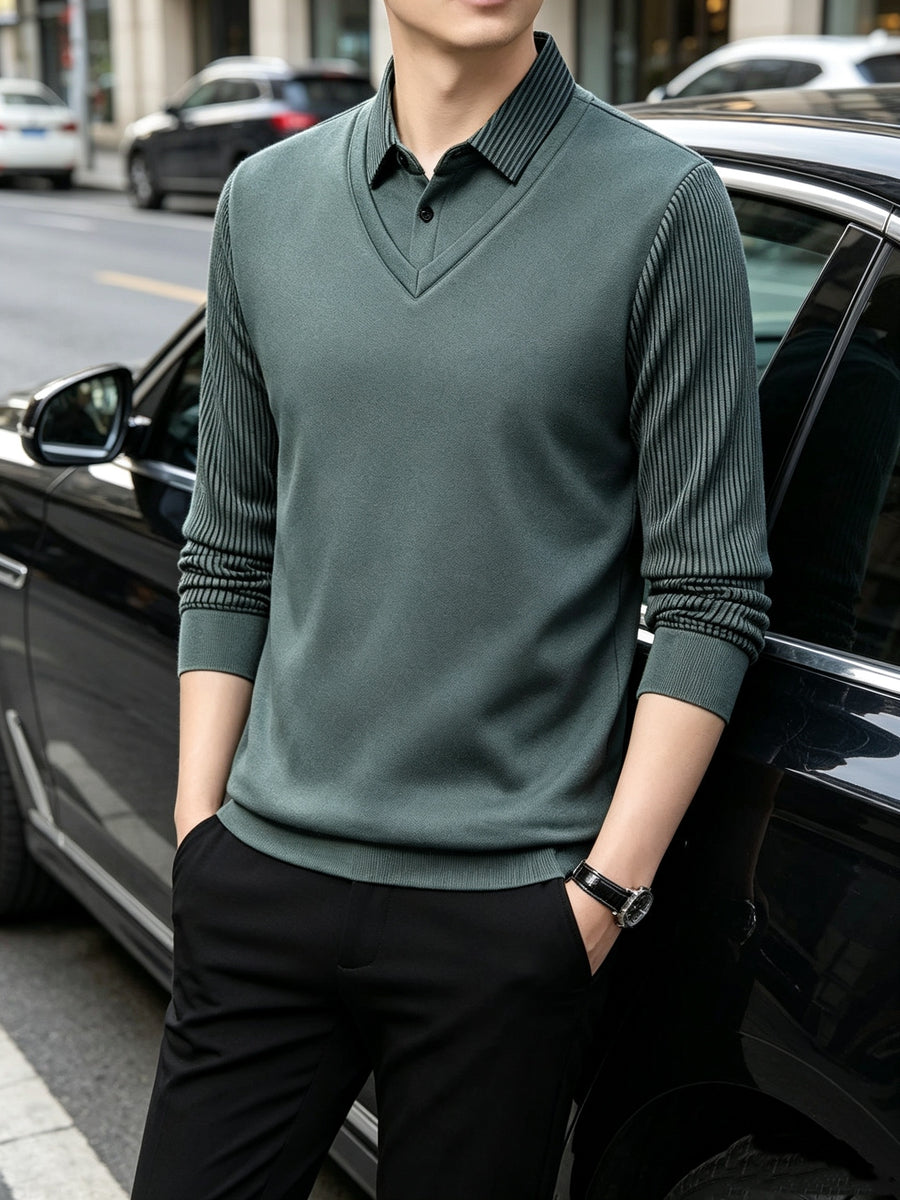 Men'S Faux Two-Piece Long Sleeve Golf Polo Shirt, V-Neck Vest Style with Pinstripe Collar And Cuffs, Polyester-Spandex Blend, Wrinkle-Resistant And 4-Way Stretch, Suitable for Men'S Spring/Autumn Casual Outings, Leisure Travel, And Urban Streetwear - Bean Green