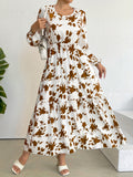 Women'S Vintage Floral Midi Dress, Long Sleeve Round Neck Cinched Waist A-Line Skirt, Casual Daily Vacation Wear - White