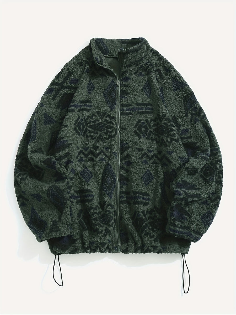 Women's Ethnic Print Microfleece Plush Zip-Up Jacket - Green