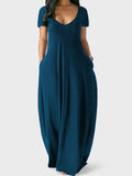 Sapu Directional Fake European And American Cross-Border Spring And Summer New Women'S Clothing Solid Color Short-Sleeved Women'S Summer Dress V-Neck Pocket Long Dress - Peacock Blue