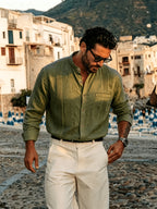 Men's Lightweight Breathable Linen Shirt with Stand-Up Collar & Roll-Up Sleeves - Retro Button-Front Suitable for Beach Vacation, Commuting, Casual Wear, Symmetrical Pleats, Single Pocket, Machine Washable Summer Top (Gift Selection) - fern green