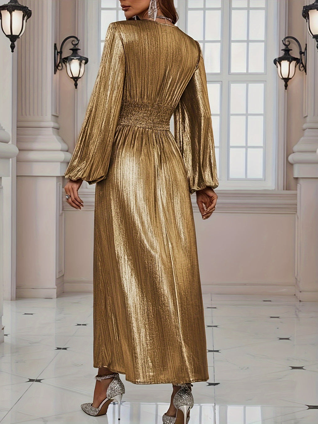 Cat Ears" Women's Fashion V-Neck Long Split Dress - Champagne