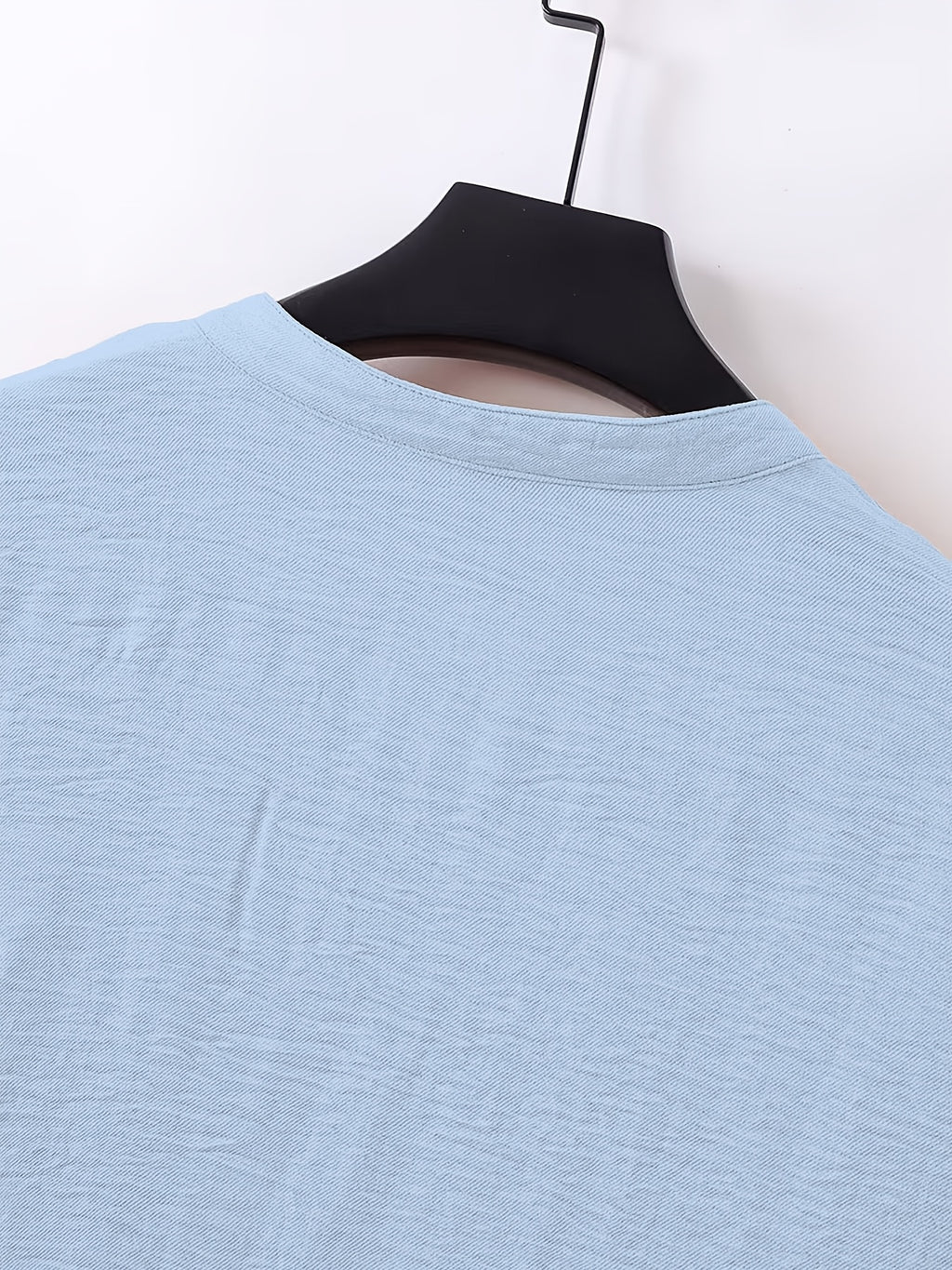 Men'S V-Neck Linen Long Sleeve T-Shirt, Loose Casual Pullover Top, Vacation Style Breathable Solid Color Beach Top - Blue
