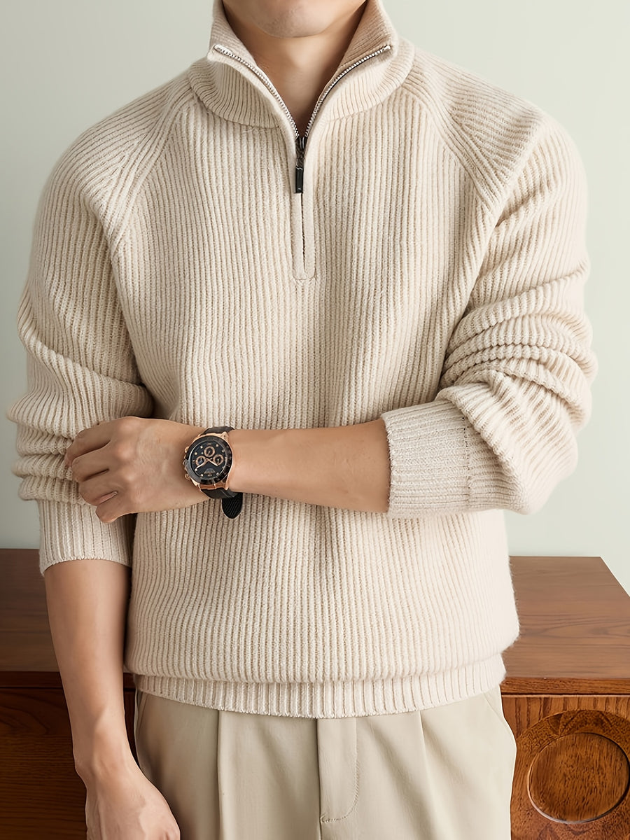 Men's Solid Gray Half-Zip Sweater with Stand Collar & Raglan Sleeves - Warm Winter Knit Pullover, Loose Fit Vertical Rib Texture Suitable for Casual and Light Business Wear, Machine Washable Fall/Winter Sweater - Beige Color