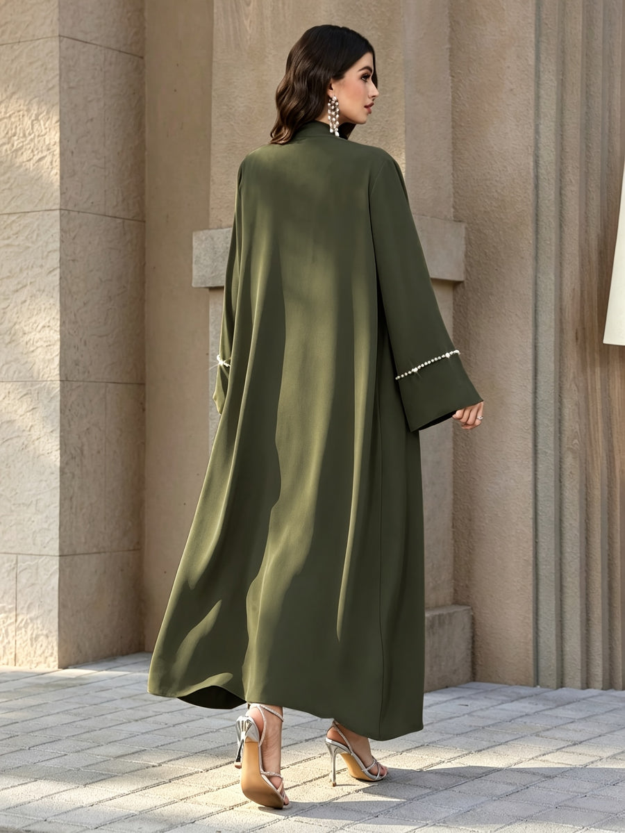 1pc Women Open Front Abaya Cardigan, Elegant Pearl Rhinestone Embellished Long Sleeve Maxi Outerwear, Modest Islamic Dubai Style Abaya Coat for Party Evening - Military Green