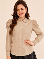 Extended Version: Women's Striped Long-Sleeve Business Shirt, Elegant Commuter Blouse with Front Button Design, Office Workwear - Khaki Stripes