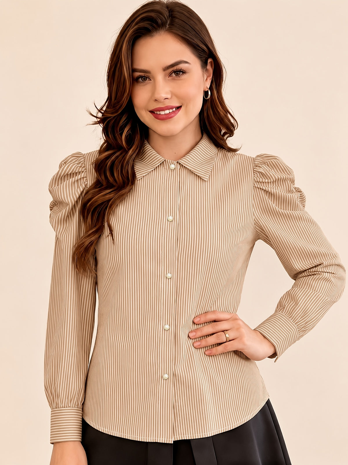 Extended Version: Women's Striped Long-Sleeve Business Shirt, Elegant Commuter Blouse with Front Button Design, Office Workwear - Khaki Stripes