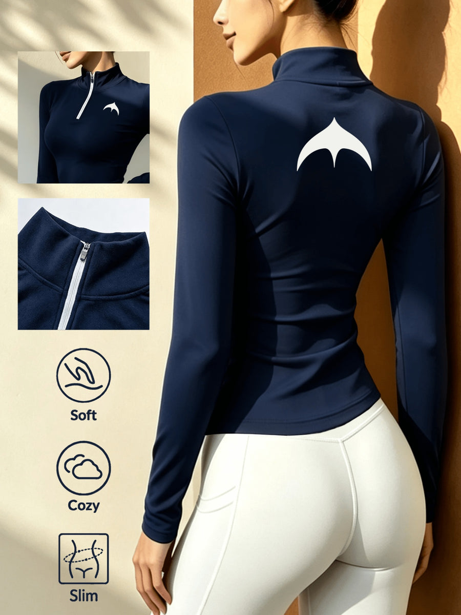 Stand-Collar Half-Zip Long Sleeve T-Shirt, Autumn Winter Warm Semi-High Neck Base Layer Top - Royal Blue