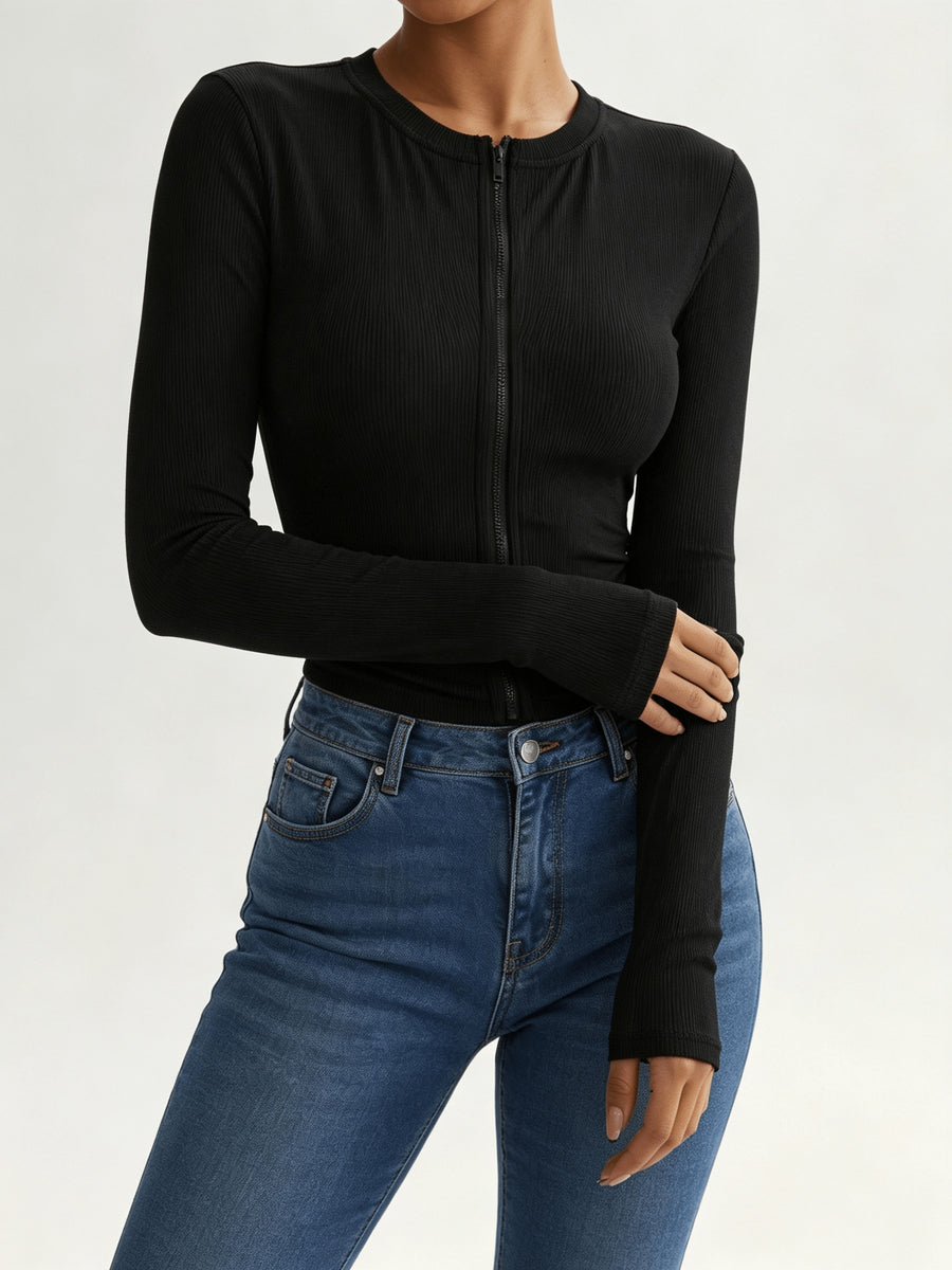Zip-up Slim-fit Long-sleeve T-shirt, Ribbed Stretchy Base Layer Top, Hot Cropped Crewneck Top, Top with Thumbholes, Solid-color Slim-fit Inner Layer - Black