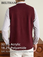 New Autumn Winter Men Sleeveless Knit Vest, Ideal Gift for Dad And Husband, V Neck Pullover Design, Warm Cold Resistant Soft Comfortable Sweater Waistcoat, Minimal Elegant Versatile Top for Daily Casual Business Sports Camping Wear - Burgundy