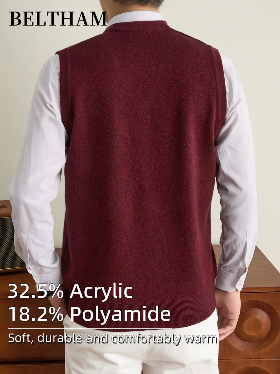 New Autumn Winter Men Sleeveless Knit Vest, Ideal Gift for Dad And Husband, V Neck Pullover Design, Warm Cold Resistant Soft Comfortable Sweater Waistcoat, Minimal Elegant Versatile Top for Daily Casual Business Sports Camping Wear - Burgundy