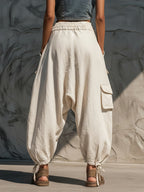 Women'S Summer Elastic Waist Drawstring Cargo Pants Long Trousers, Multi-Pocket Loose Casual Joggers Lantern Pants - Off-white