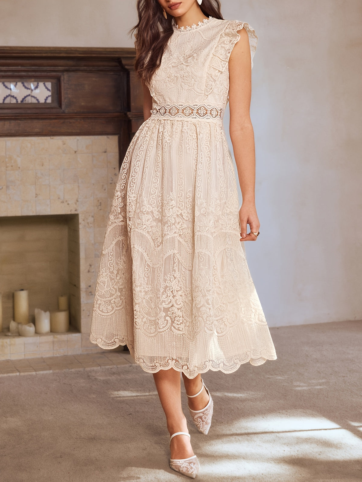 New Women'S Spring And Summer Lace Ruffle Decoration Temperament Elegant Long Dress Evening Dress Bridesmaid Dress Dress - Beige
