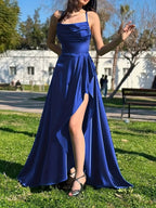 Elegant Women's Green Satin Spaghetti Strap Wrap Neckline Ruffle Hem Back Tie Slit Dress for Banquets, Parties, Weddings, and Bridesmaid Attire - Royal Blue