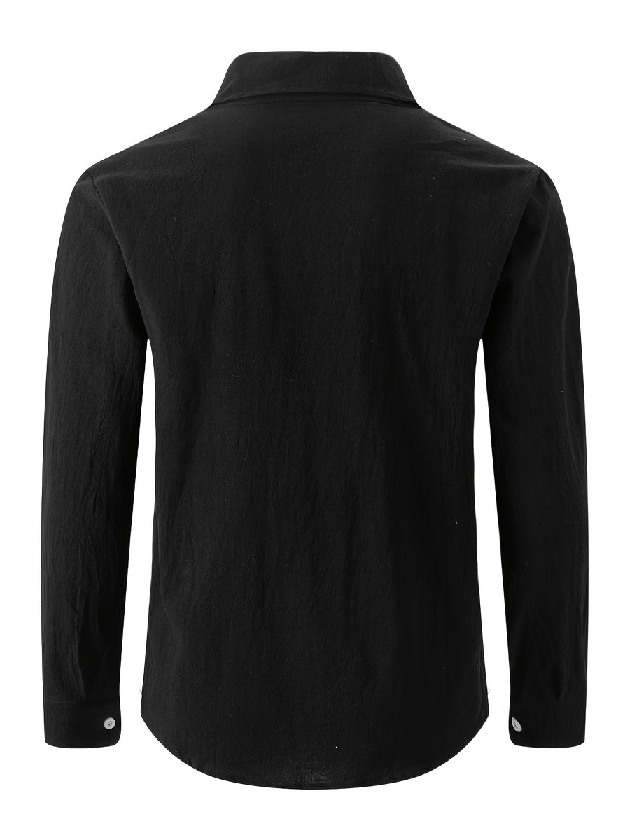 Men'S Linen Long Sleeve Collar Button-Up Shirt 3pcs Set, Casual Lapel Pocket Top, Lightweight Breathable Loose Fit, Suitable for Men'S Beach Vacation And Daily Wear - Mixed Color 1