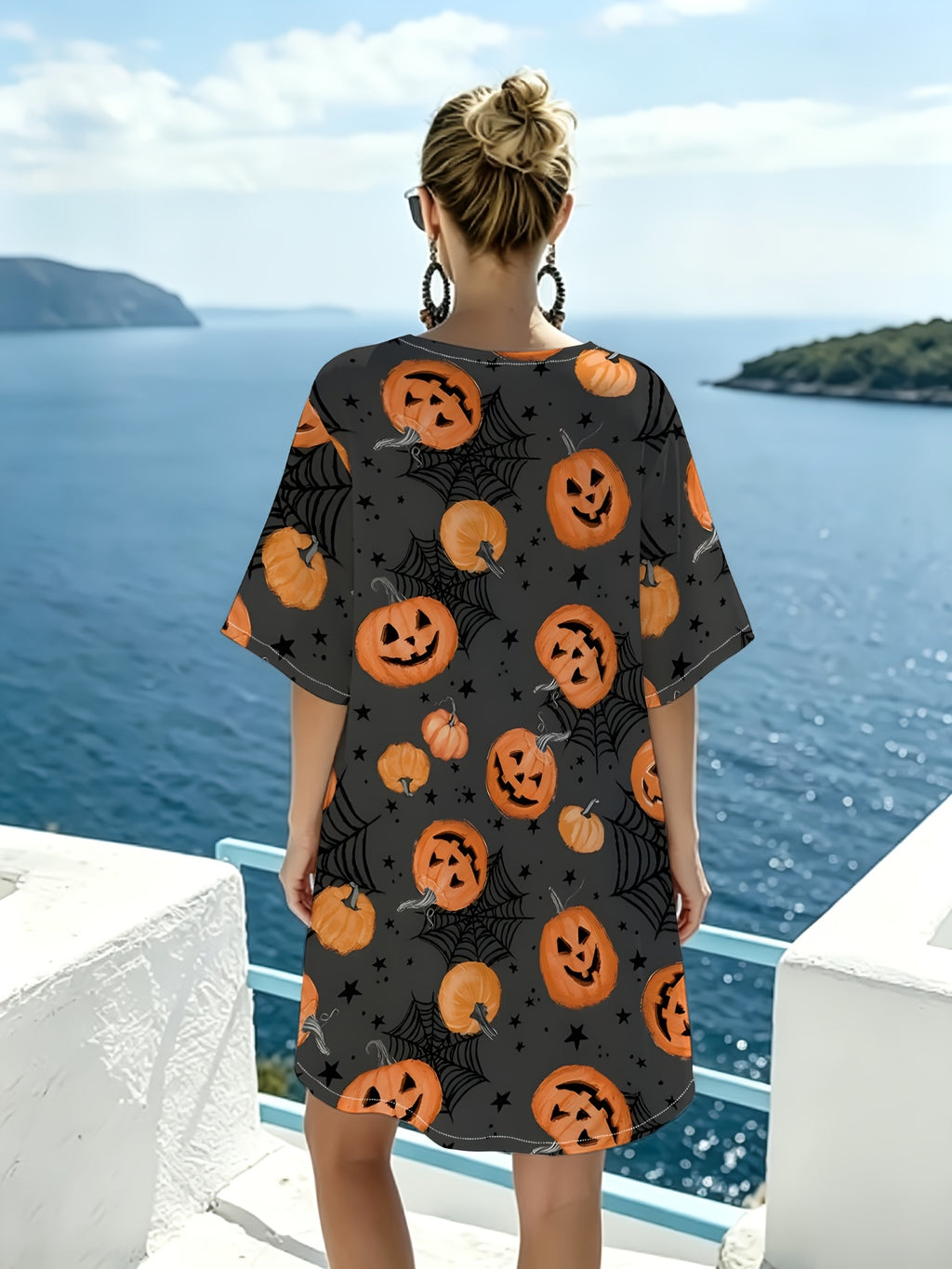 Vintage Pumpkin Spiderweb Print V-Neck Dress, Featuring a Loose Drop-shoulder Short-sleeve Cut and a Relaxed, Easy-fit Silhouette That Flatters All Body Types. Perfect for Creating a Halloween-themed Outfit, This Dress Is Made from Skin-friendly - Mixed colors
