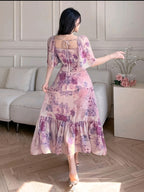 Women's Dress, Small Floral Elegant Dress, Women's Short Sleeve Holiday Dress - Purple