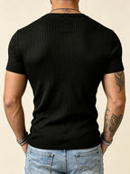 Versatile Vertical Stripe Short-Sleeve T-Shirt for Men, Deep V-Neck Textured Slim Fit Top for Commuting and Fitness - Black 10