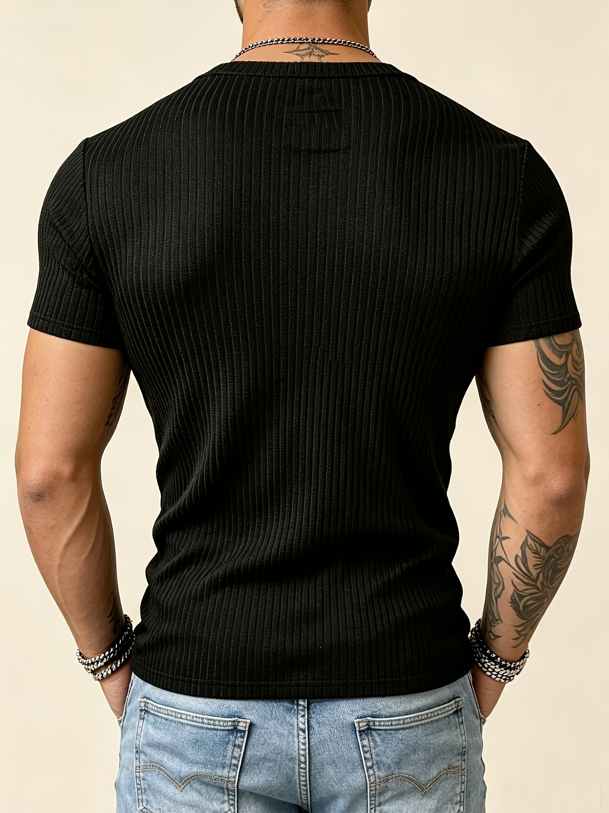 Versatile Vertical Stripe Short-Sleeve T-Shirt for Men, Deep V-Neck Textured Slim Fit Top for Commuting and Fitness - Black 10