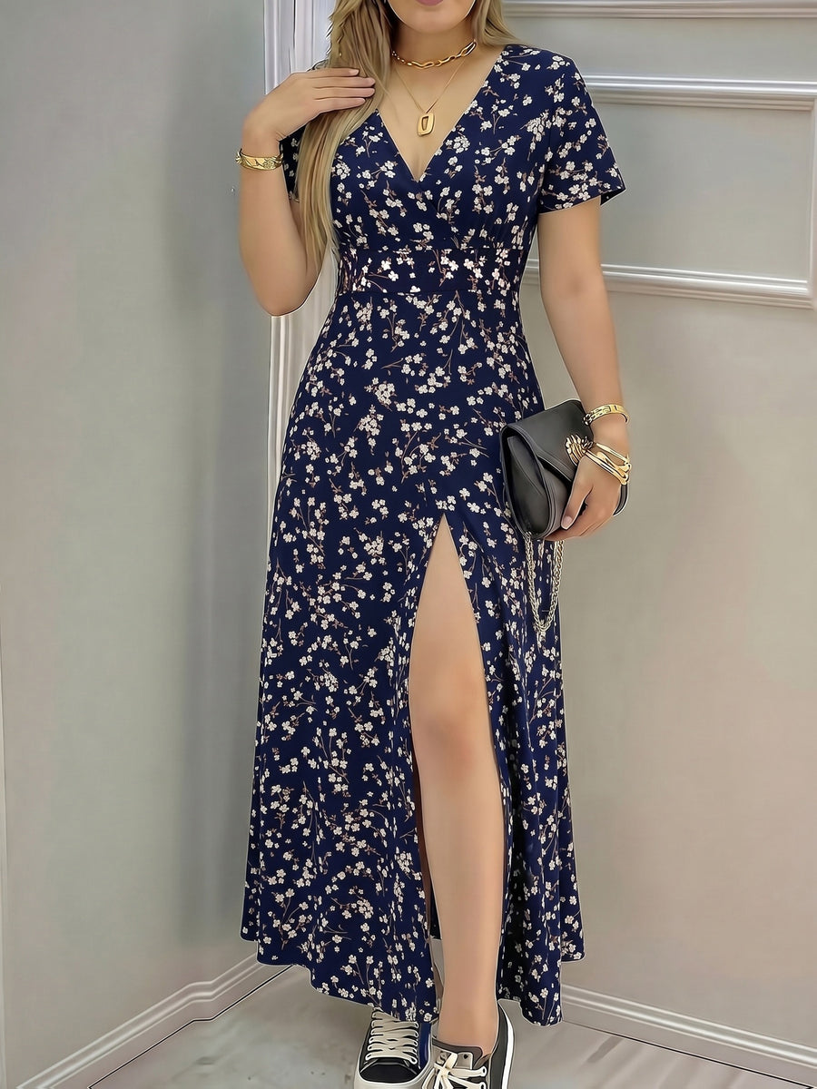 A Casual, Elegant, and Chic New Summer Bohemian-style V-neck Floral Print Dress for Women, Featuring Short Sleeves, a Cinched Waist, and a Side Slit for a Fit. This Long Dress Is Perfect for Vacations, Parties, Outings, and Leisure - Mixed colors