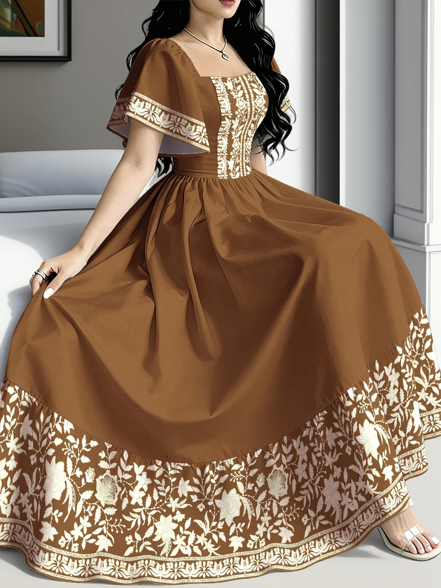 The Summer Floral-Themed Elegant Resort-Style Dress Features a Butterfly Wing Print Design, a Square Neckline And Short Sleeves, Is Equipped with a Waist-Cinching Design, And Has a Moderate Length - Khaki