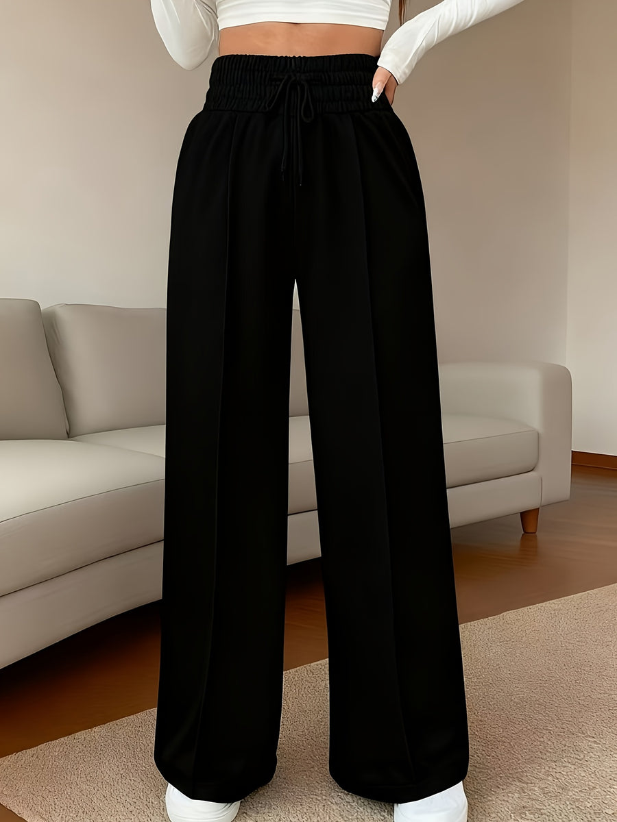 Women'S High Waist Wide Leg Pants Wrinkle Resistant Machine Washable Autumn Winter Casual - Black