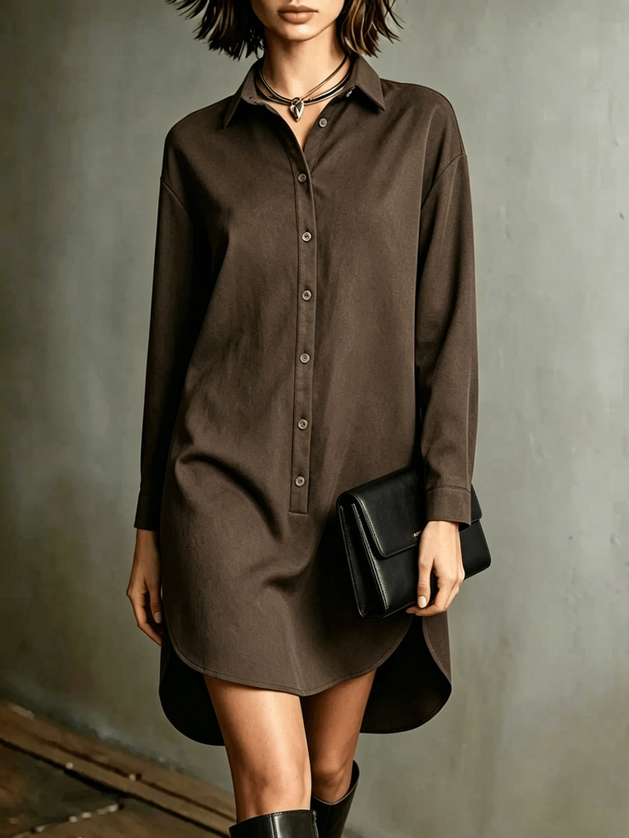 Women's Midi-Length Shirt for Autumn/Winter, Loose-Fit Lapel Half-Open Front Long-Sleeve Casual Top, -Like Texture Midi-Length Blouse, Women's Loose Lapel Versatile Midi-Length Top for Autumn/Winter, Loose Long Shirt, Women's Lapel Half-Open Front - Coffee Color