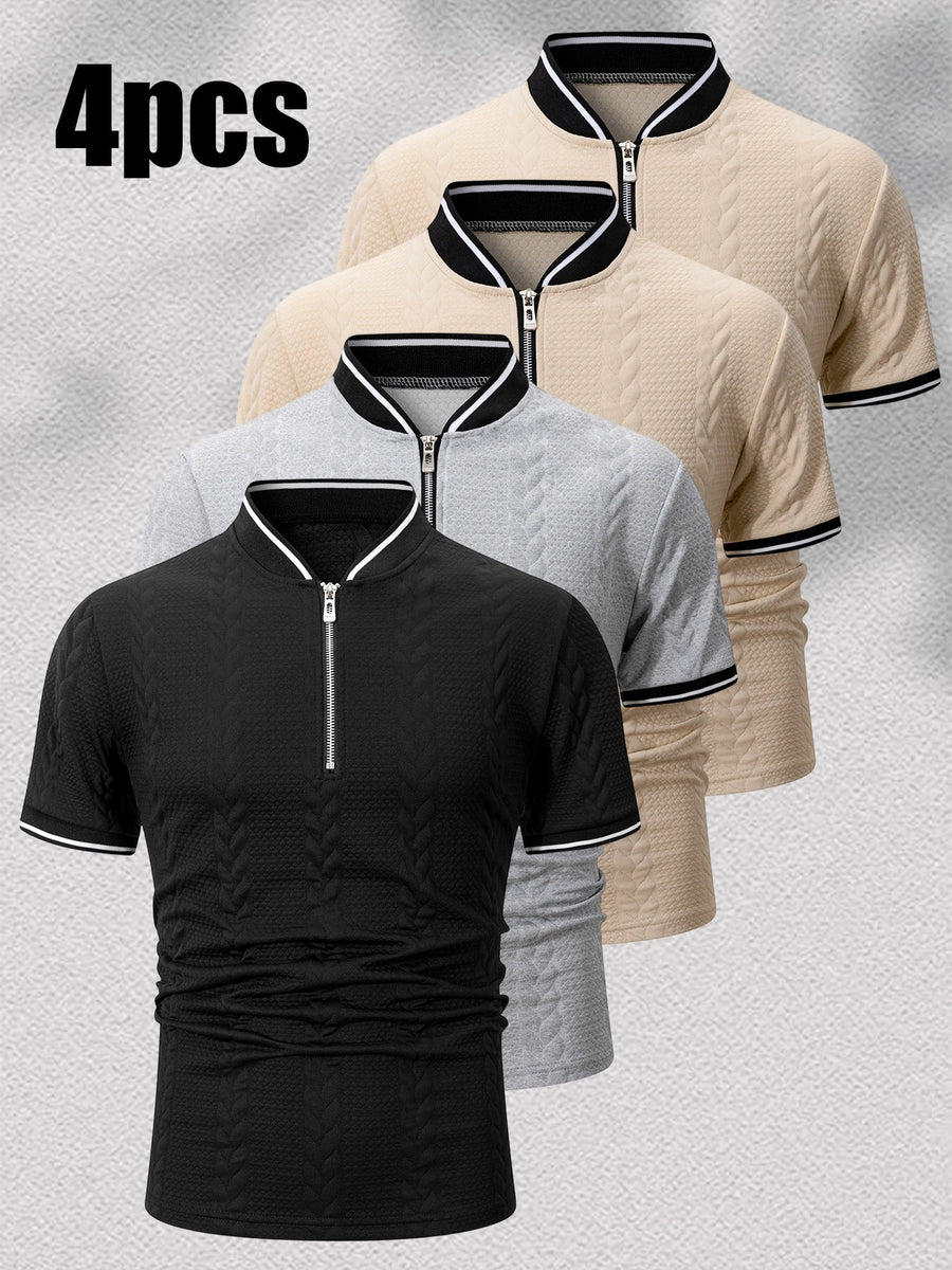 4pcs Solid Color Textured Texture Stand Collar Short Sleeve Men'S Contrast Striped Baseball Collar Short Sleeve Polo Shirt Summer Half-Button Baseball Collar T-Shirt Casual All-Match Top, Contrast Trimmed Collar And Cuffs, Front Zipper Design - Black+Light Gray+Khaki+Khaki
