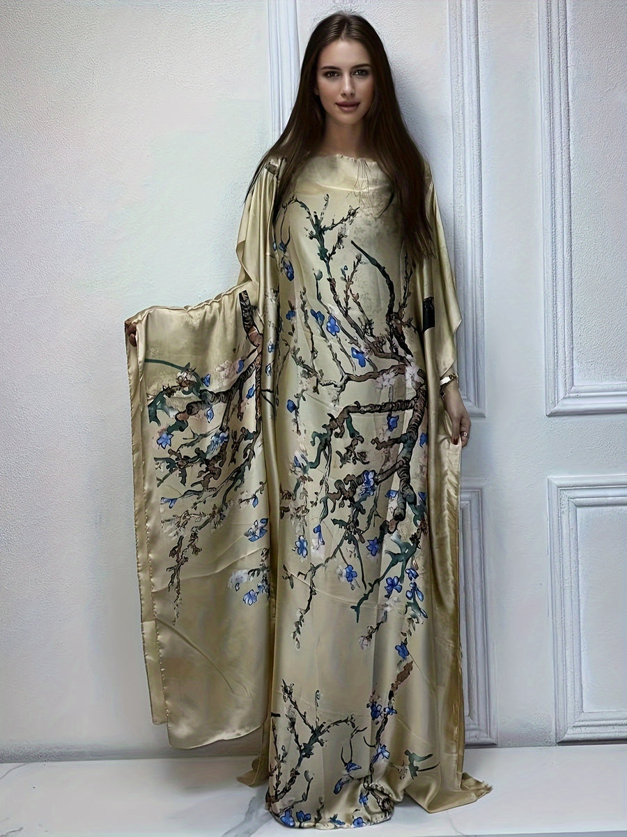 Tree Print Crew Neck Kaftan Dress, Elegant Batwing Sleeve Loose Fit Maxi Dress with A Hijab, Women's Clothing - Khaki