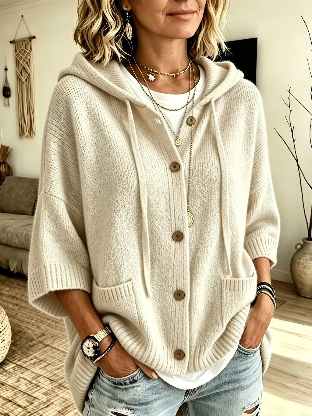 Elegant Casual Pocket Cardigan for Women - Off-white