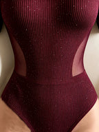 Elegant Women's Rhinestone Embellished Mesh Patchwork Bodysuit, Short Sleeve Round Neck Ribbed Slim Fit, Lightweight Mesh Design on Shoulders and Sides, Moderately Sheer for a Hazy Sexy Look, Non-Revealing, Subtly Sculpting the Body, Adding a Layered - Burgundy