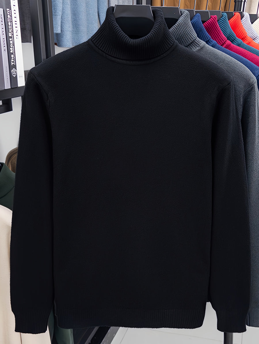Men'S Autumn Winter Turtleneck Sweater, 10 Colors Available Solid Basic Style Elastic Warm Ribbed Cuff Casual Slim Fit Base Layer Pullover, Knit - Black
