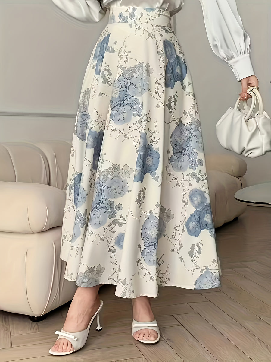 BK0902048 French-Style High-Waisted Long Skirt, Elegant Women'S Chiffon Skirt, Flared A-Line Dress, Blue Floral Print Skirt, Lightweight And Airy for Spring And Summer - Mixed colors