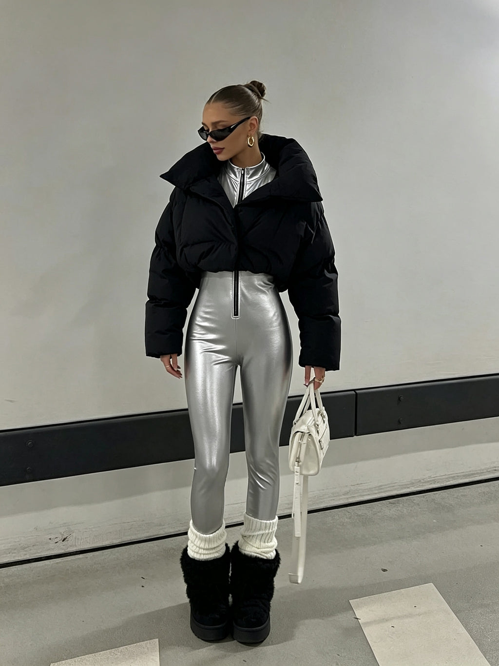 [High-Elastic Nylon Coated Fabric, Non-Pu Material] Fall Winter Thin Fleece Silvery Tight Sexy Jumpsuit Women'S Zipper Long Sleeve Nightclub Party Spicy Performance Daily Outing Shaping Base Layer Biker Style Bodycon - Silvery