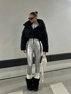 [High-Elastic Nylon Coated Fabric, Non-Pu Material] Fall Winter Thin Fleece Silvery Tight Sexy Jumpsuit Women'S Zipper Long Sleeve Nightclub Party Spicy Performance Daily Outing Shaping Base Layer Biker Style Bodycon - Silvery