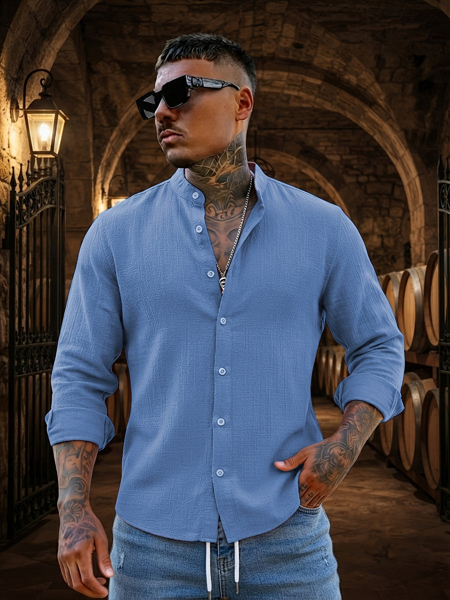 Men's Solid Color Casual Stand Collar Button- Long Sleeve Shirt. The Solid-colored Fabric Offers a Comfortable Feel, Making It a Great Gift for a Husband or Boyfriend for Home, Outings, Travel, and Beach Vacations. Men's Long Sleeves, Men's Tops - Navy Color