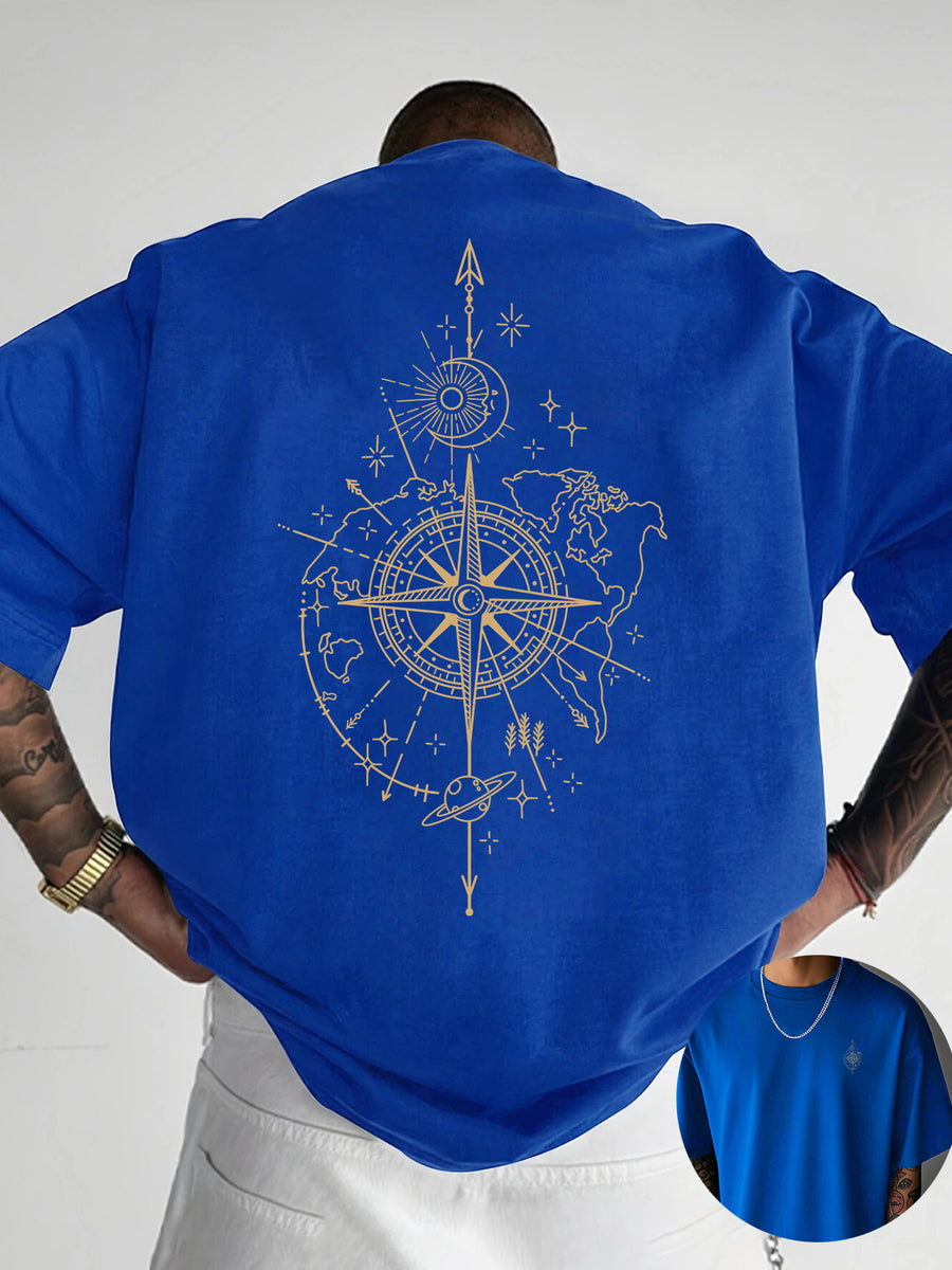 Creative Front and Back Print Round Neck T-Shirt, Pure Cotton Summer Fashion Short Sleeve Top for Casual Daily Style Essential Outing Gift Choice - Blue