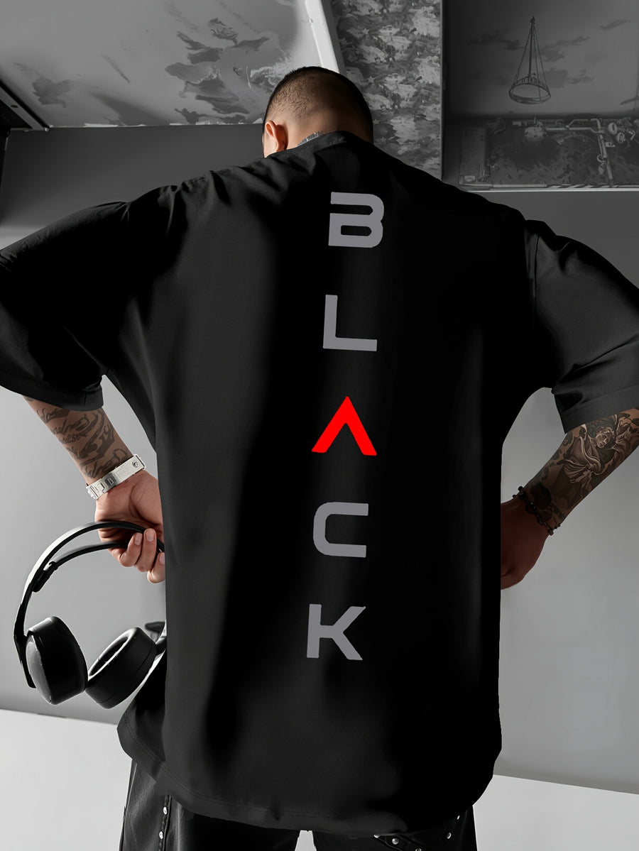 3D Men'S Minimalist Black Red Contrast T-Shirt - "BLA" Letter Print, Casual Wear, Street Style, Men'S Round Neck Tee, Loose Fit - Black