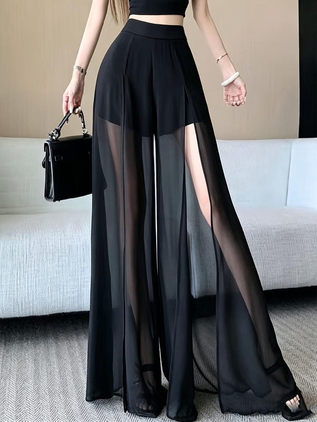 High-slit Women's Loose 2-in-1 Look Mesh-paneled Wide-leg Pants, Sexy Semi-sheer Slit Pants, Loose Casual Versatile Style, Available in Black and White, This Year's Trendy New Versatile Style - Black