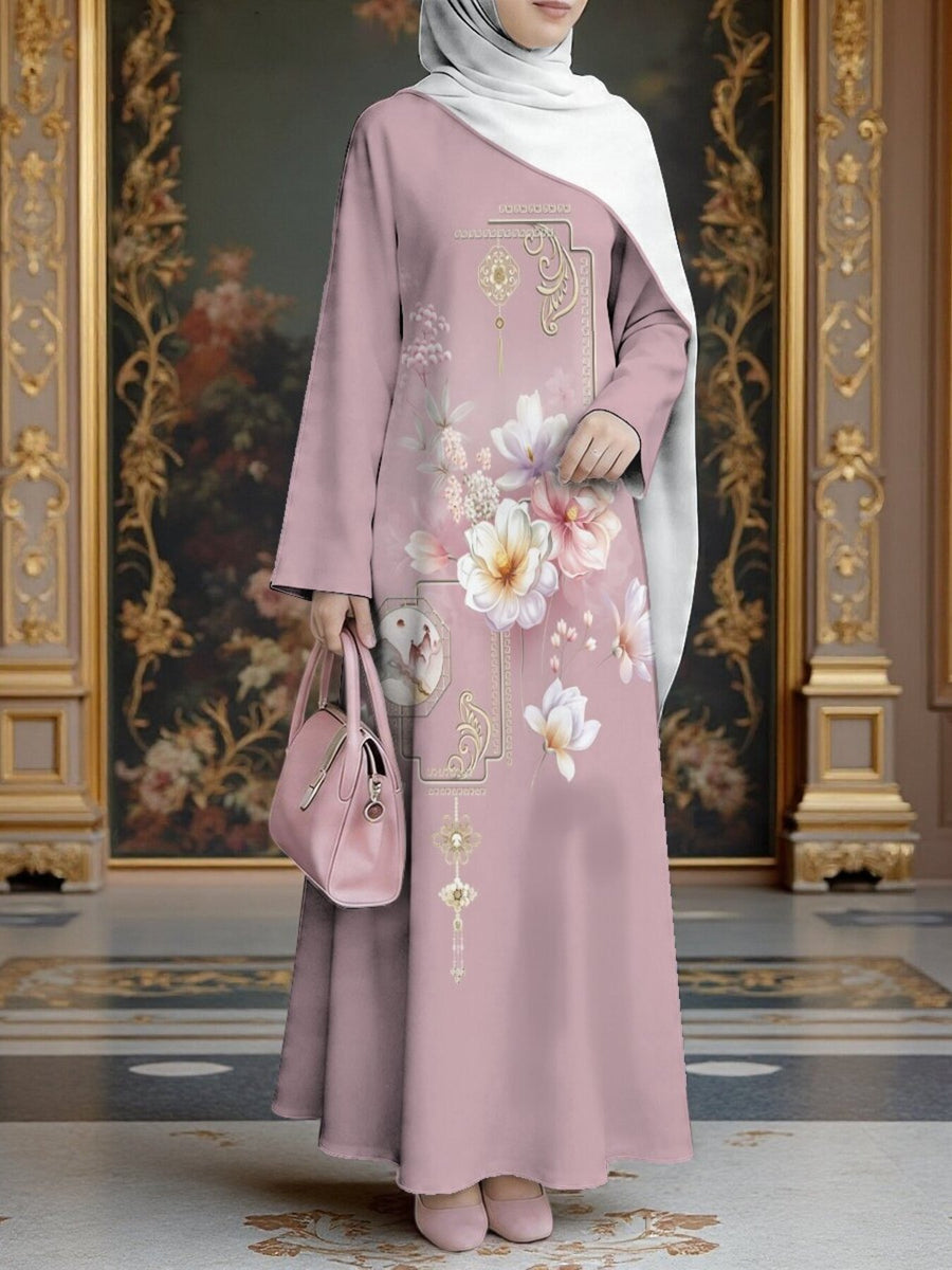 Women'S Hot Middle Eastern Style Muslim Elegant Robe, Rose Pink Chinese Style Floral Digital Print Long Dress, Loose Long Sleeve A-Line Flared Skirt, Home And Outdoor Prayer Universal, Soft And Flowing Non-Embroidered Craft - Mixed colors