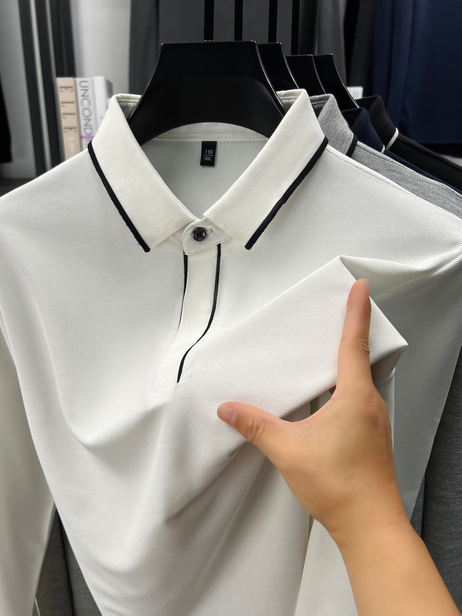 Autumn Multi-Color Selectable Men'S Contrast Edge Long Sleeve Polo Shirt, Comfortable Fabric, Easy Lapel, Delicate And Smooth, Loose Fit, Business Commute, Visiting Friends, Business Travel, Home Casual Top - White