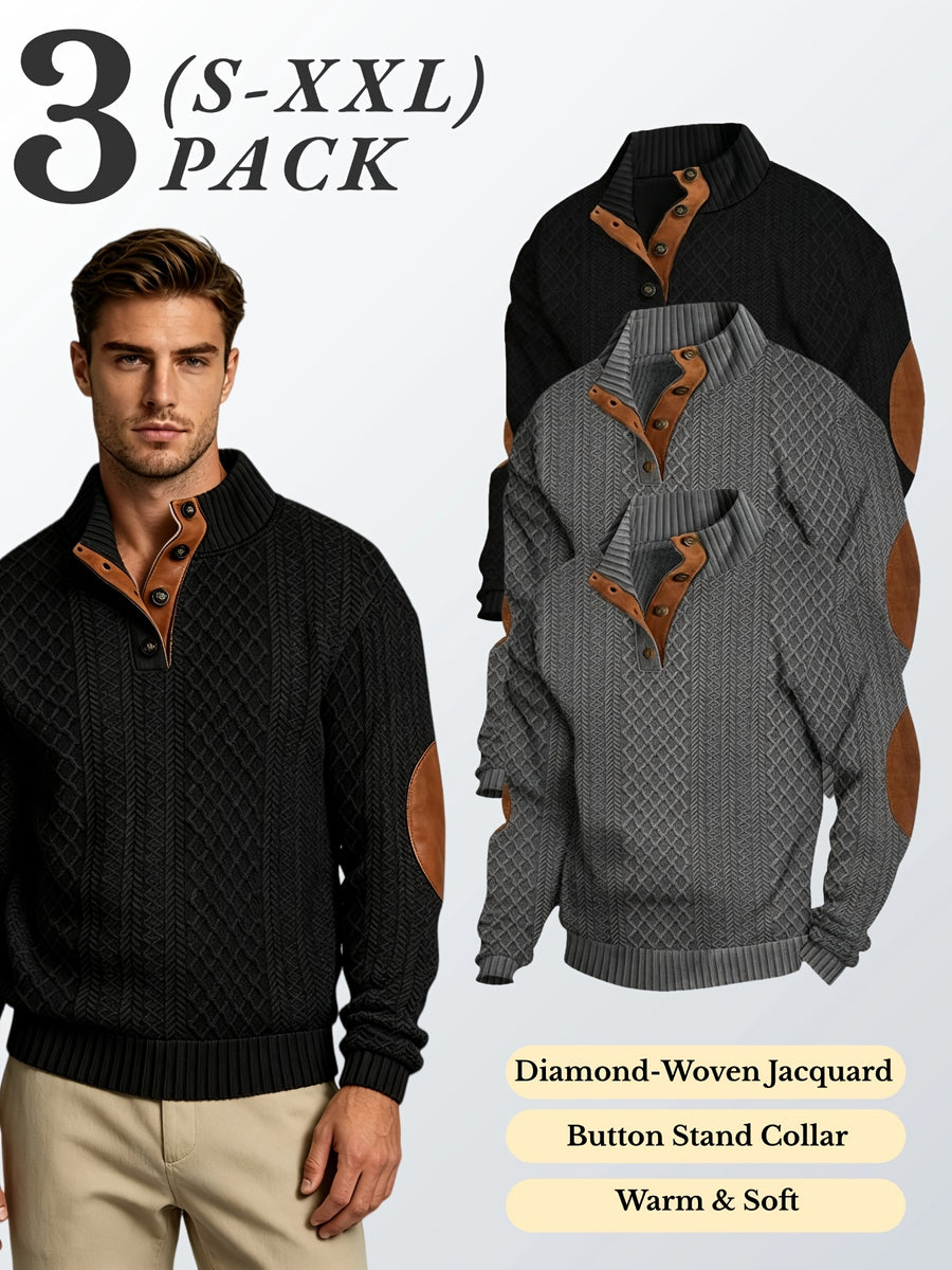 3pcs Men'S Textured Jacquard Knit Sweater Retro Casual Button-Up Stand Collar Long Sleeve Top for Autumn Winter Outing Home Versatile Basic Solid Color - Dark Gray 2 + Black