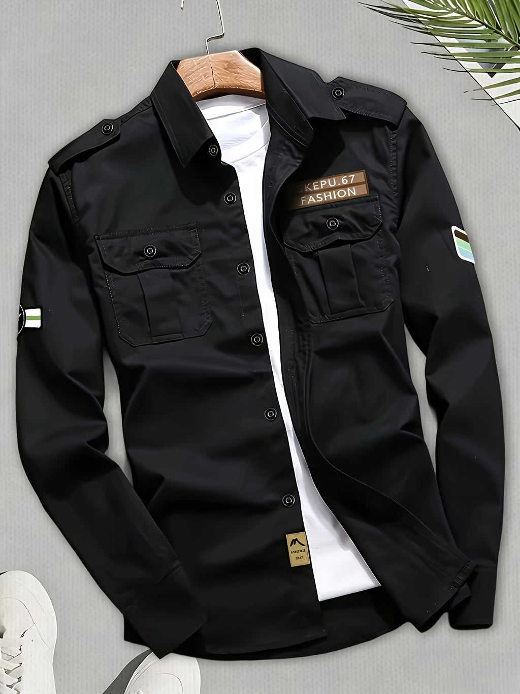 Taro Rice OBM Men's Streetwear Workwear Long Sleeve Shirt in Black, Navy Blue, Khaki, with Star Armband Patch Design and Multi-Pocket Functional Style Top, Smart Casual - Black