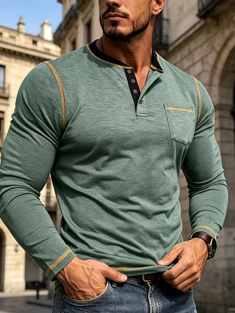 Autumn Casual Men'S Fashion Long Sleeve Henley Shirt T-Shirt Men'S Base Layer Shirt Round Neck Top - Olive Green